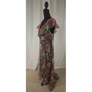 London Times Fashion Green Pink Floral Maxi Dress Ruffle Chiffon Gown Size 12